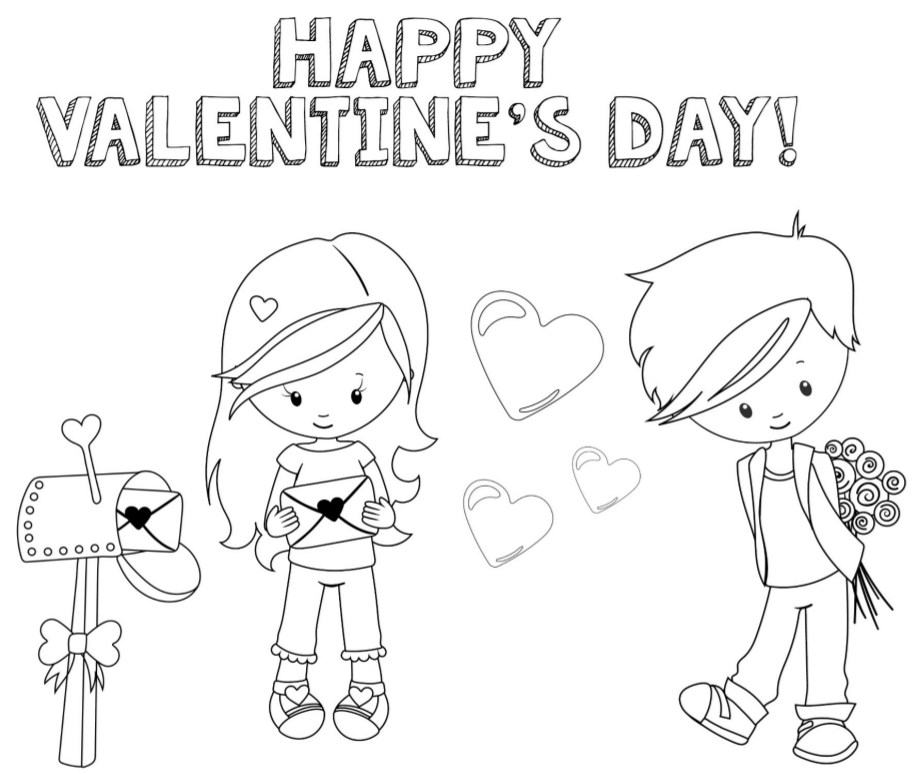 happy valentines day coloring page with kids