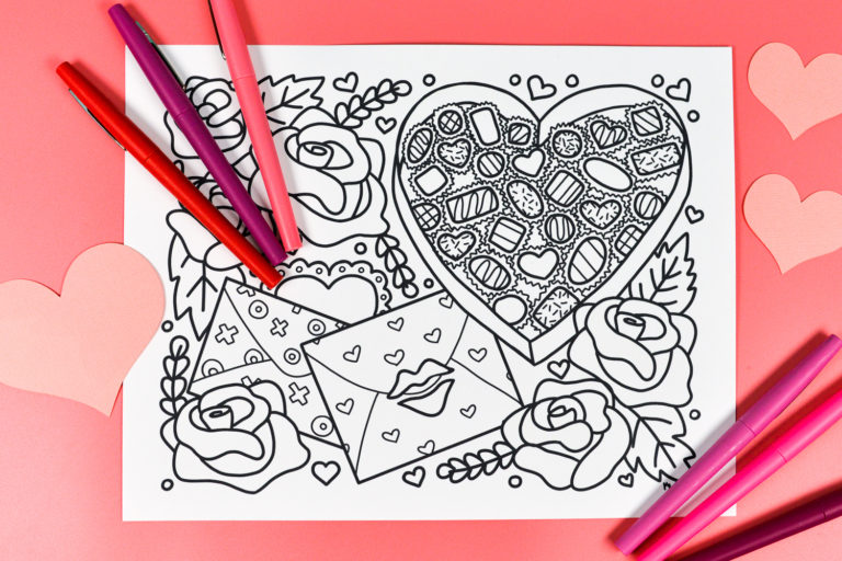 printable valentines day coloring page with pens