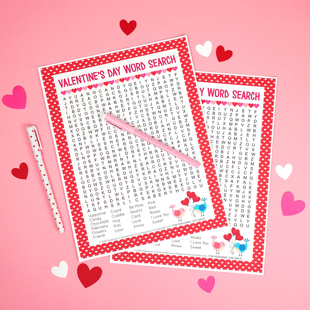Valentine\'s Day Word Search on a Pink Background With Hearts