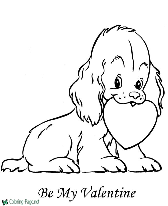 A Coloring Page of a Dog With a Valentine\'s Heart in it\'s Mouth