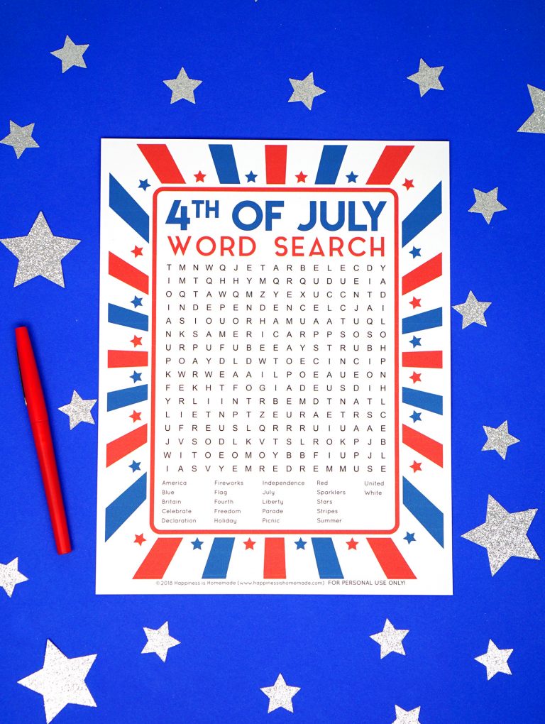 printable 4th of july word search on blue background with red pen and silver stars