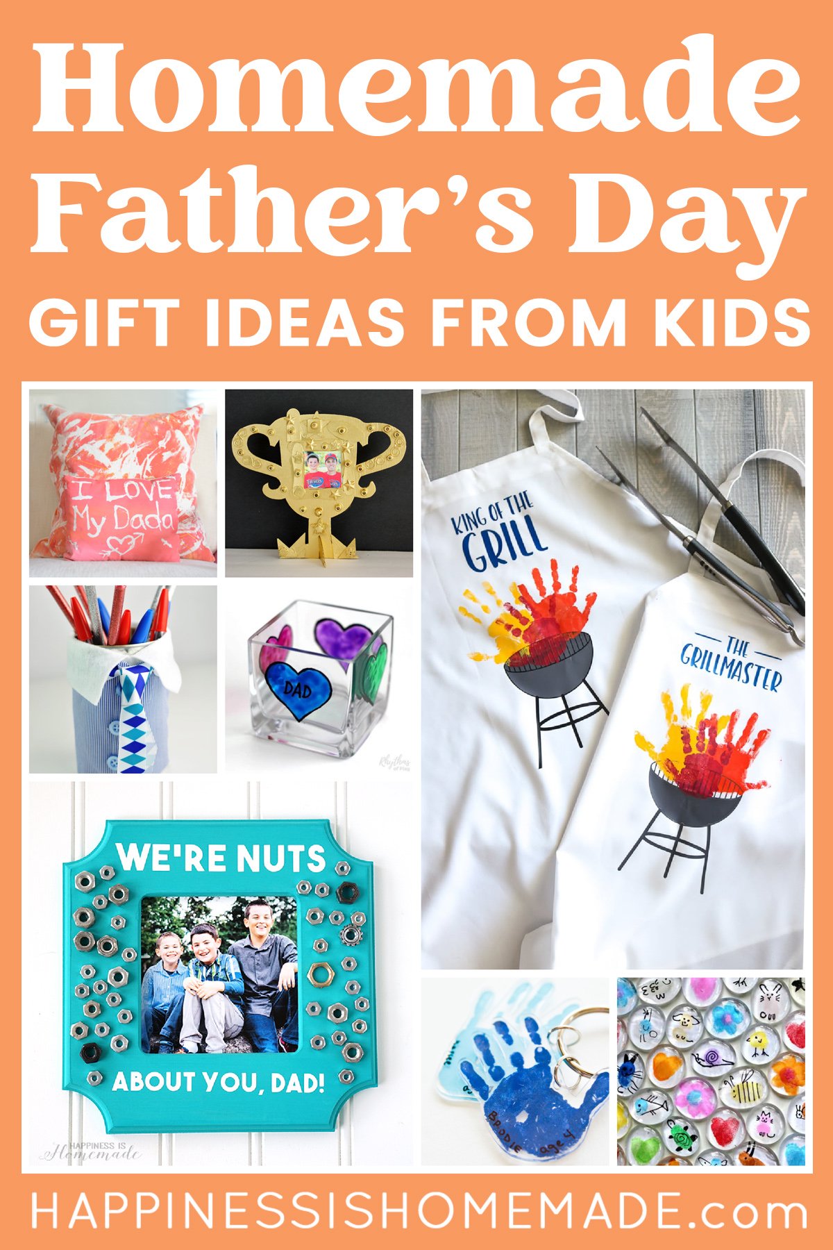 "Homemade Father's Day Gift Ideas from Kids" graphic for social media on orange background