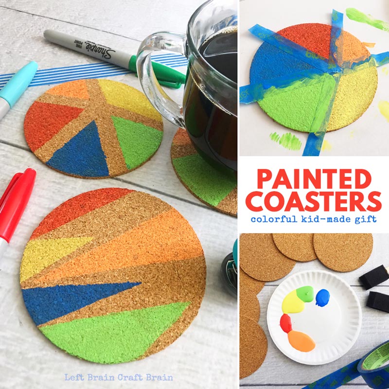 Collage of "Painted Coasters: Colorful Kid-Made Gift" with painted coasters
