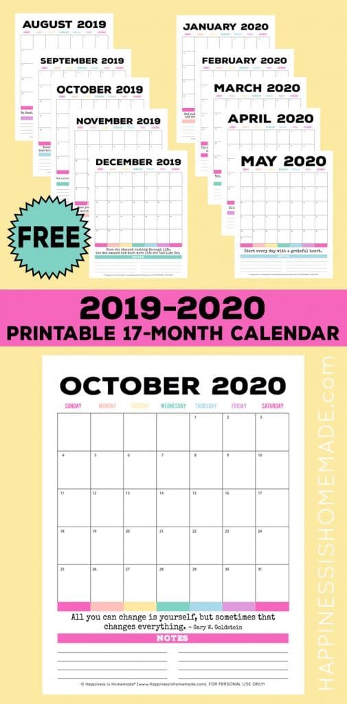 2019-2020 Free Printable Monthly Calendar - Happiness is Homemade