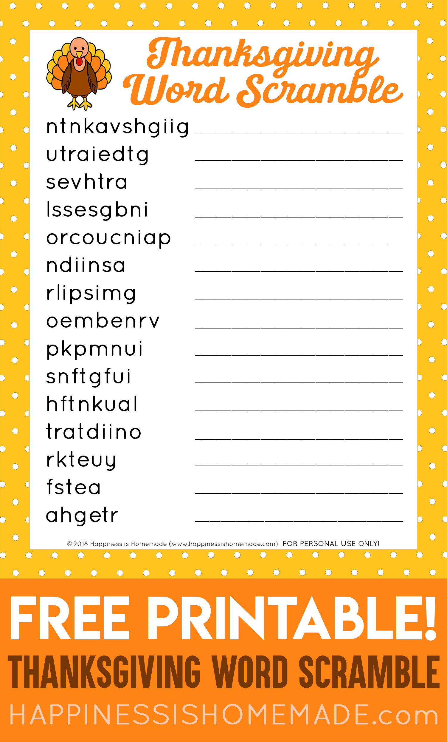 Free Printable Thanksgiving Word Scramble With Answers