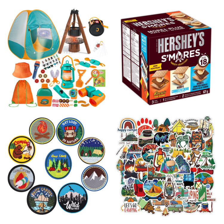 Collage of camping scavenger hunt prize ideas including camping toys, s'mores kit, badges/patches, and stickers