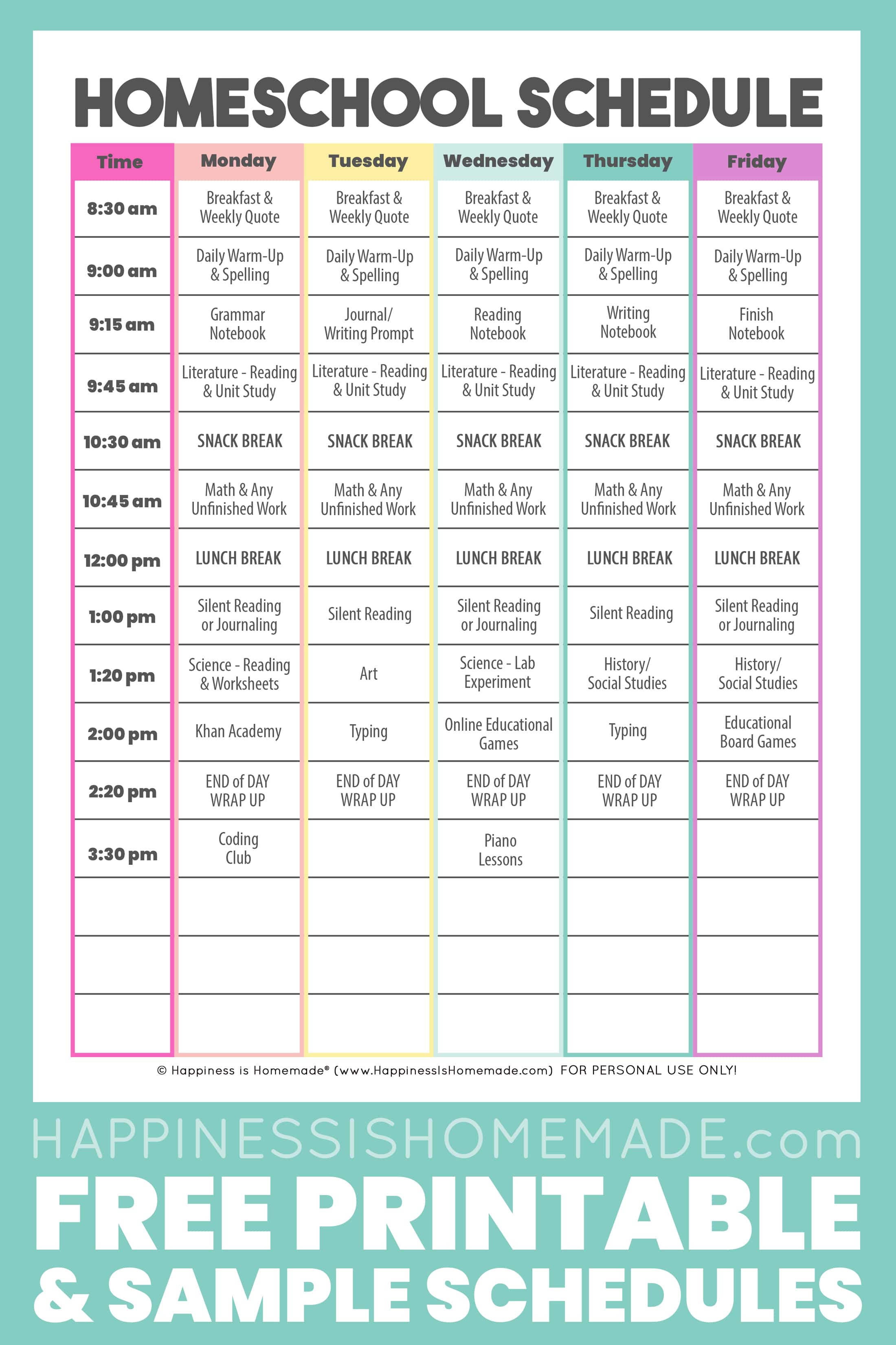 free printable homeschool daily schedule template