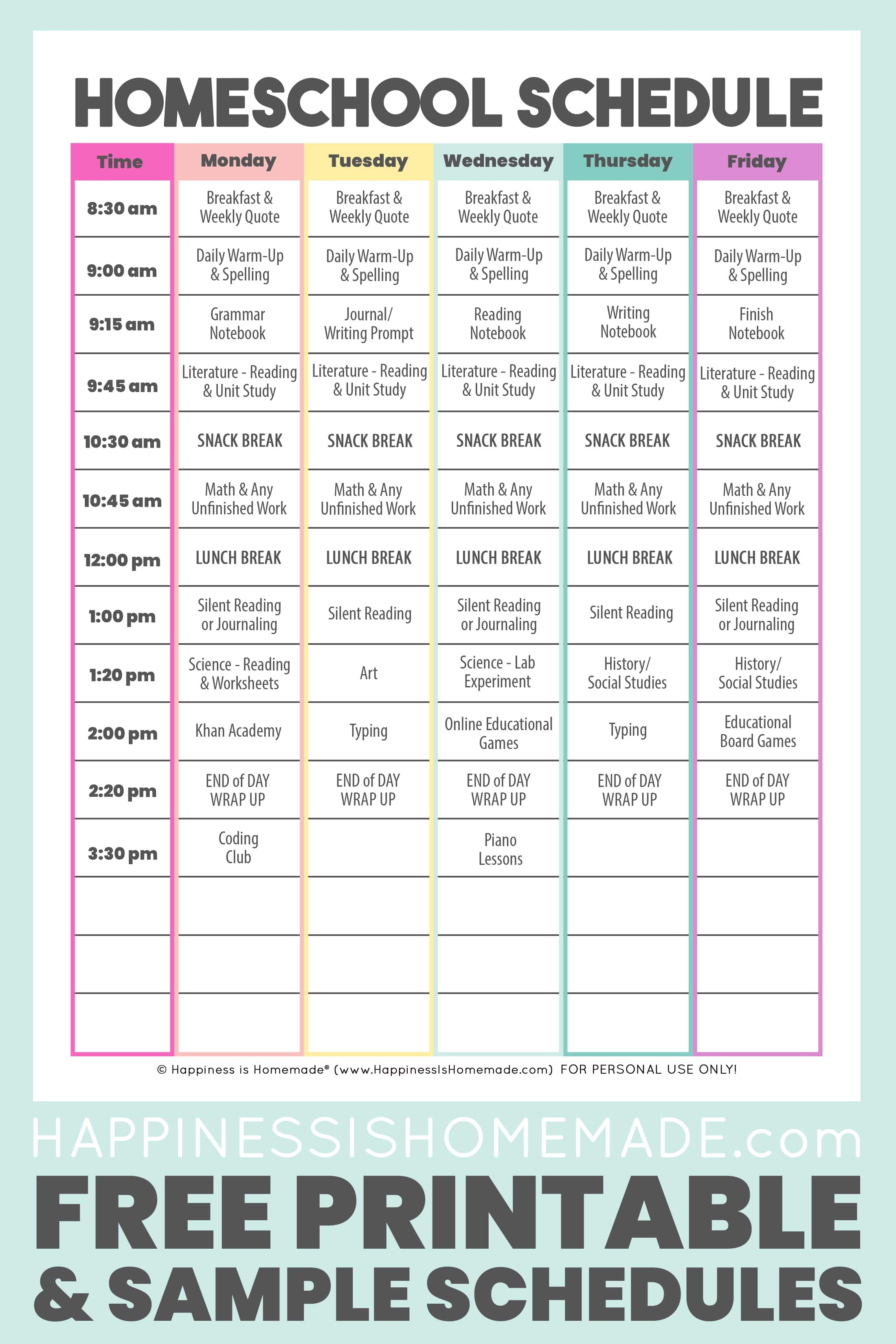 Daily Homeschool Schedule Samples Happiness Is Homemade