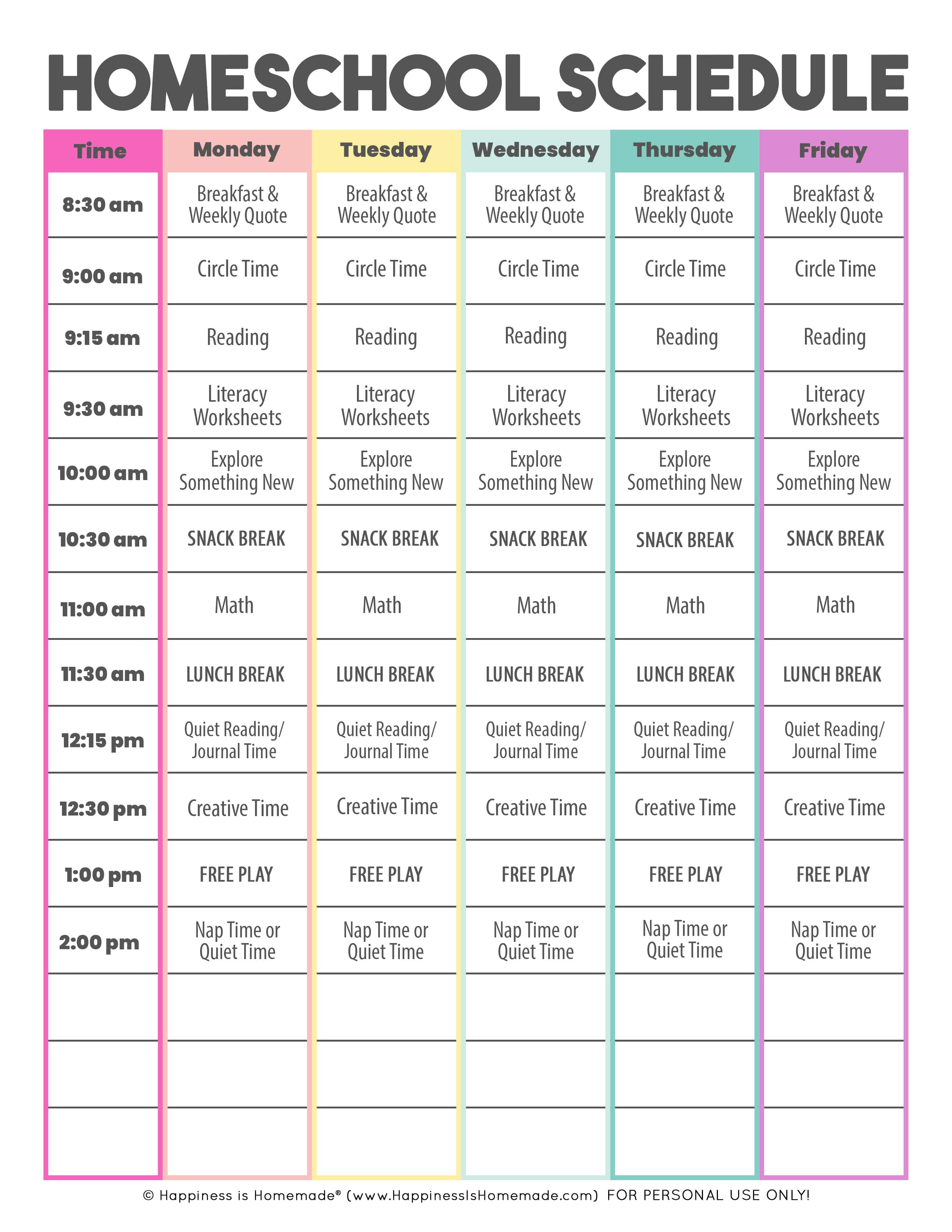 Homeschool Daily Schedule Printable Form
