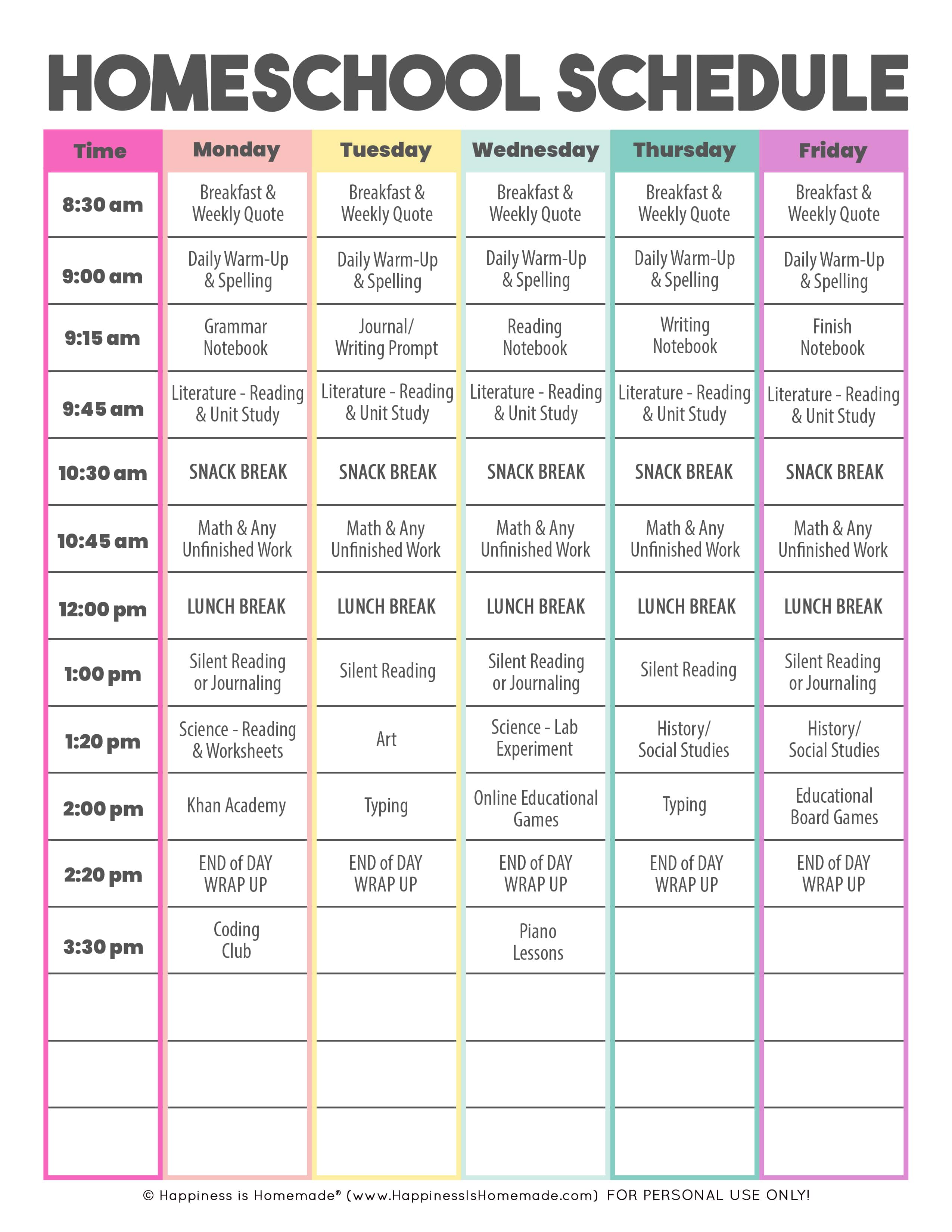 Homeschool Schedule Template: Free Printable Happiness is Homemade
