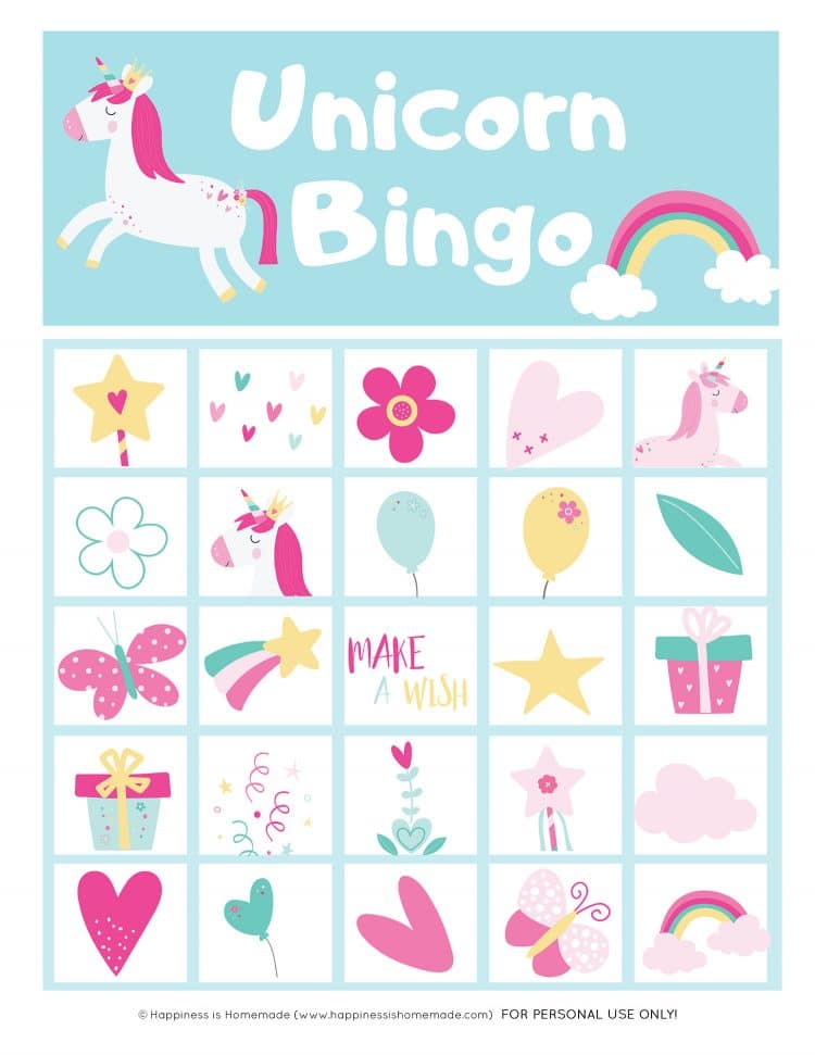 free printable unicorn bingo game happiness is homemade