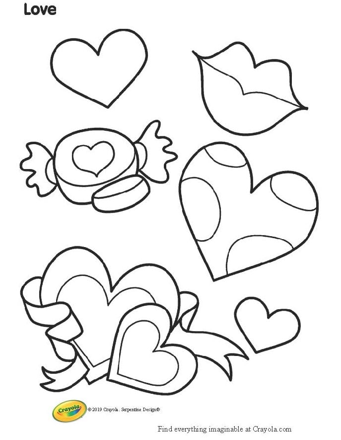 hearts and kisses coloring page for valentines day