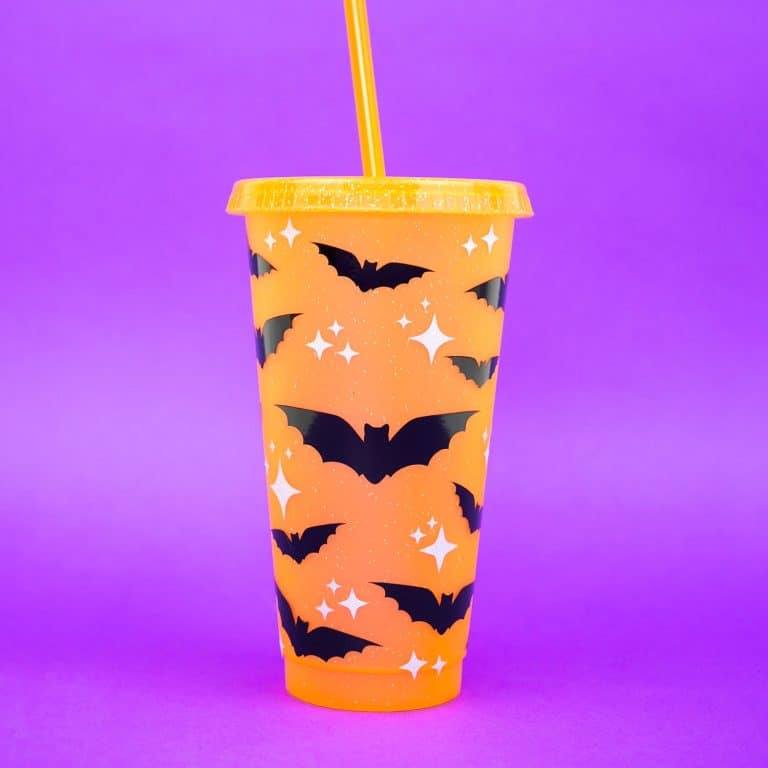 orange drink cup with straw decorated with bats svg files