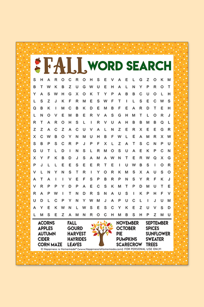 Fall word search printable mockup on light yellow background