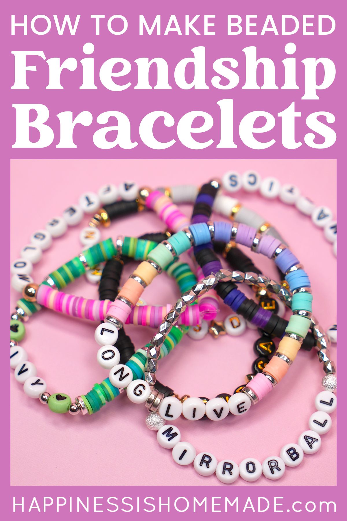 "How to Make Beaded Friendship Bracelets" graphic with text on pink background with Taylor Swift bracelets