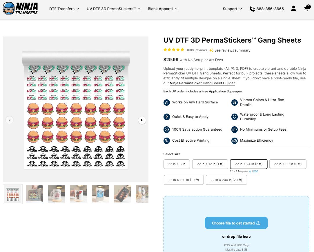 Ninja Transfers UV DTF Gang Sheet order page screenshot