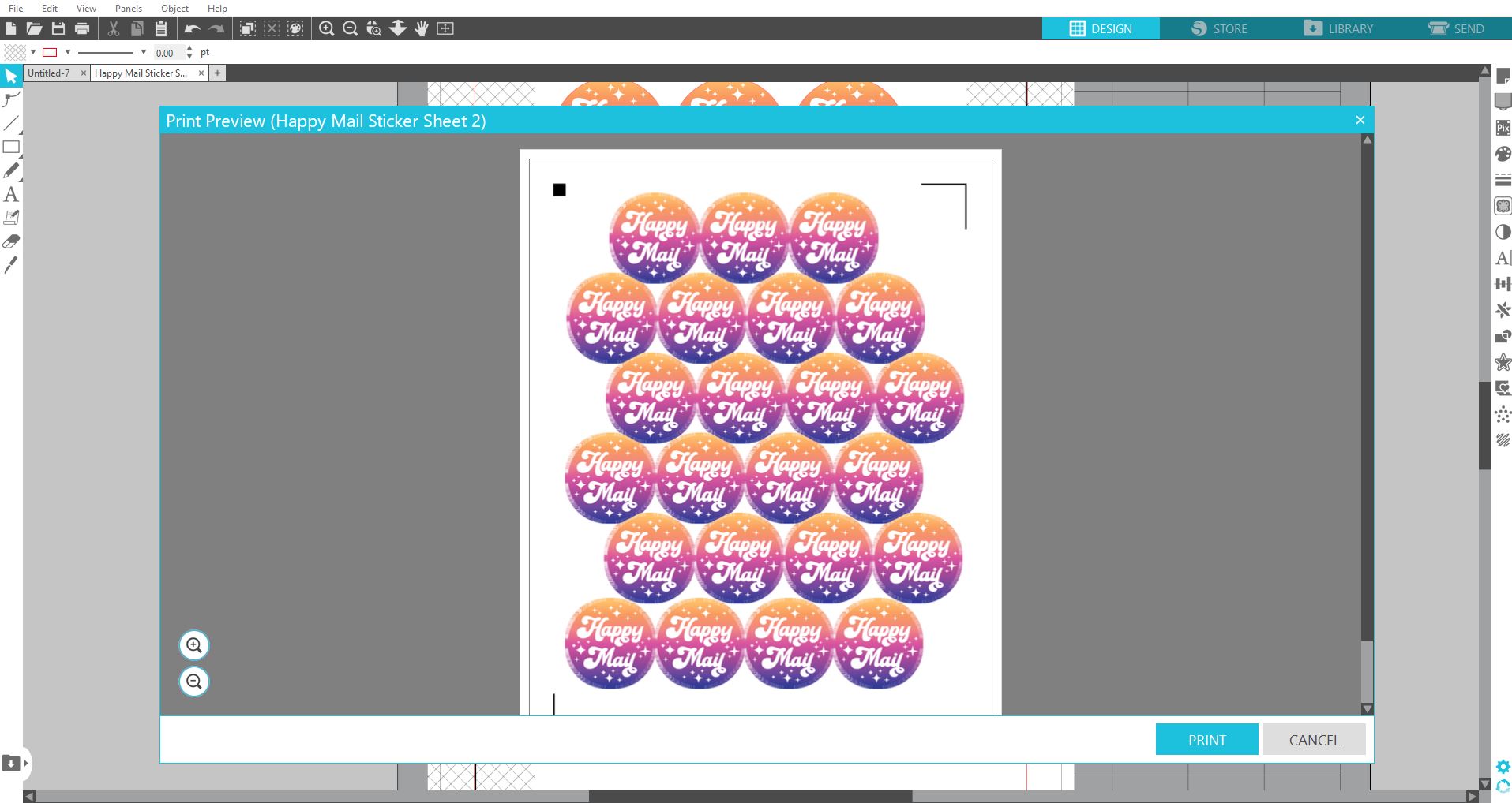 Screenshot of Silhouette Studio software showing a print preview of colorful stickers