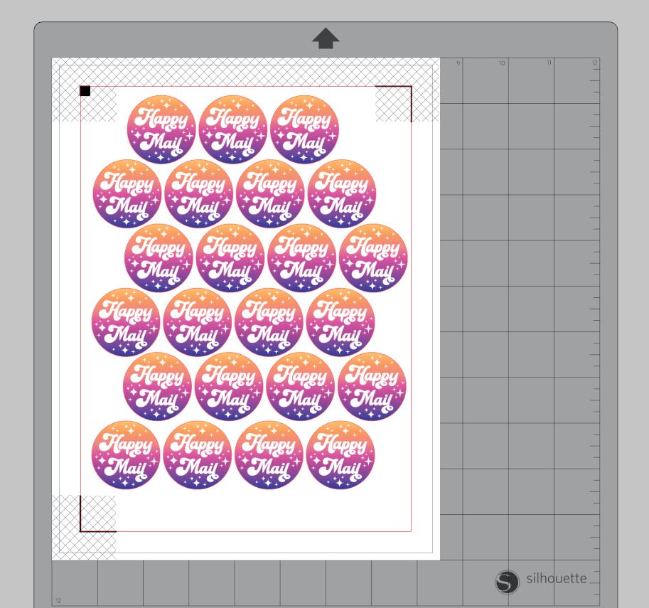 Close up of screenshot of Silhouette Studio software and filling a page with round sticker designs