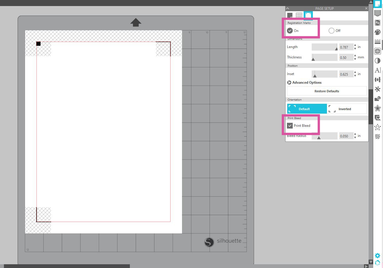 Screenshot of Silhouette Studio software page setup panel with registration marks and print bleed turned on