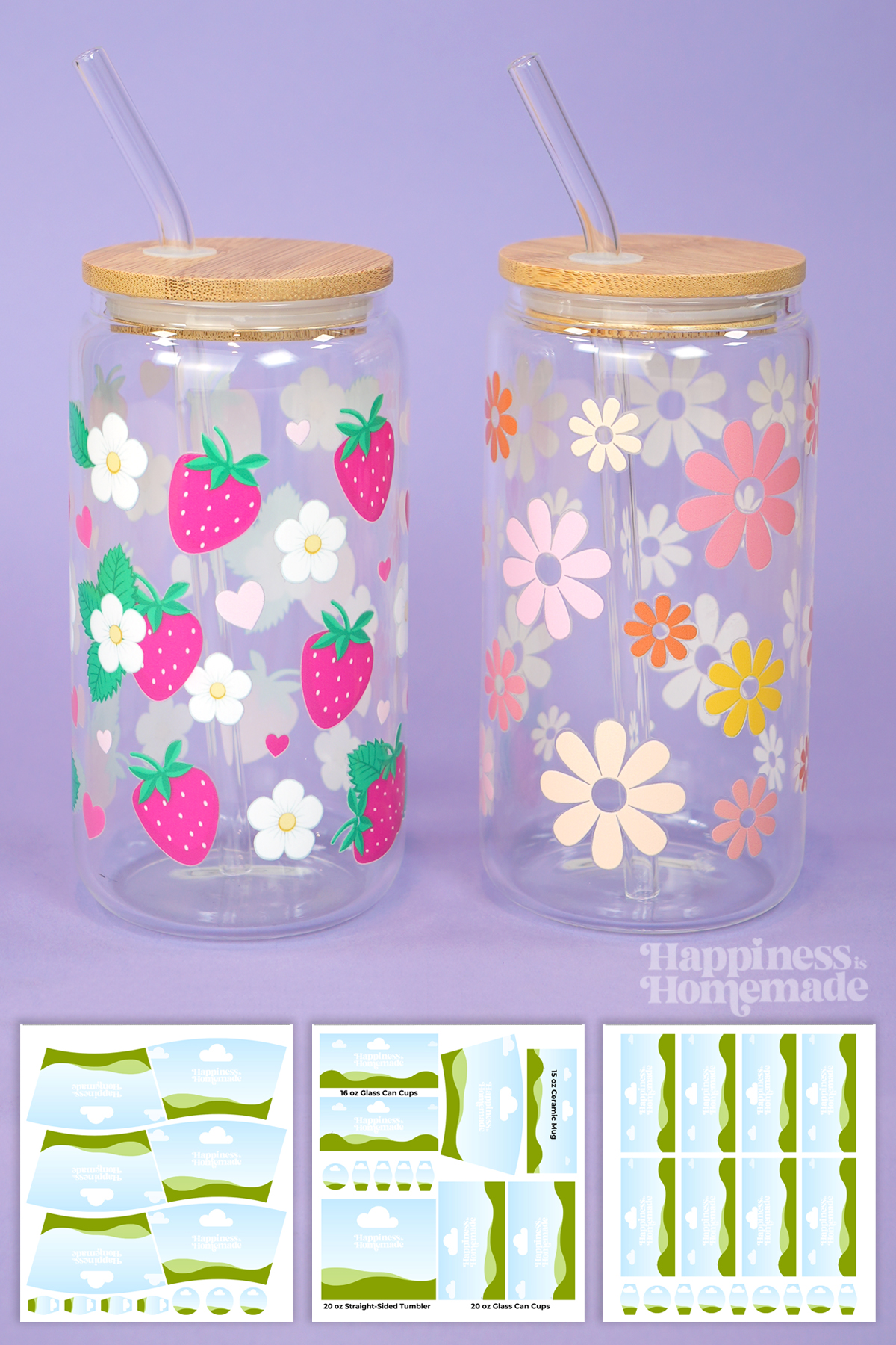 Two UV DTF wrapped tumblers on a purple background with three template graphics below