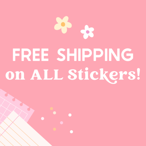 "Free Shipping on All Stickers" graphic on coral background