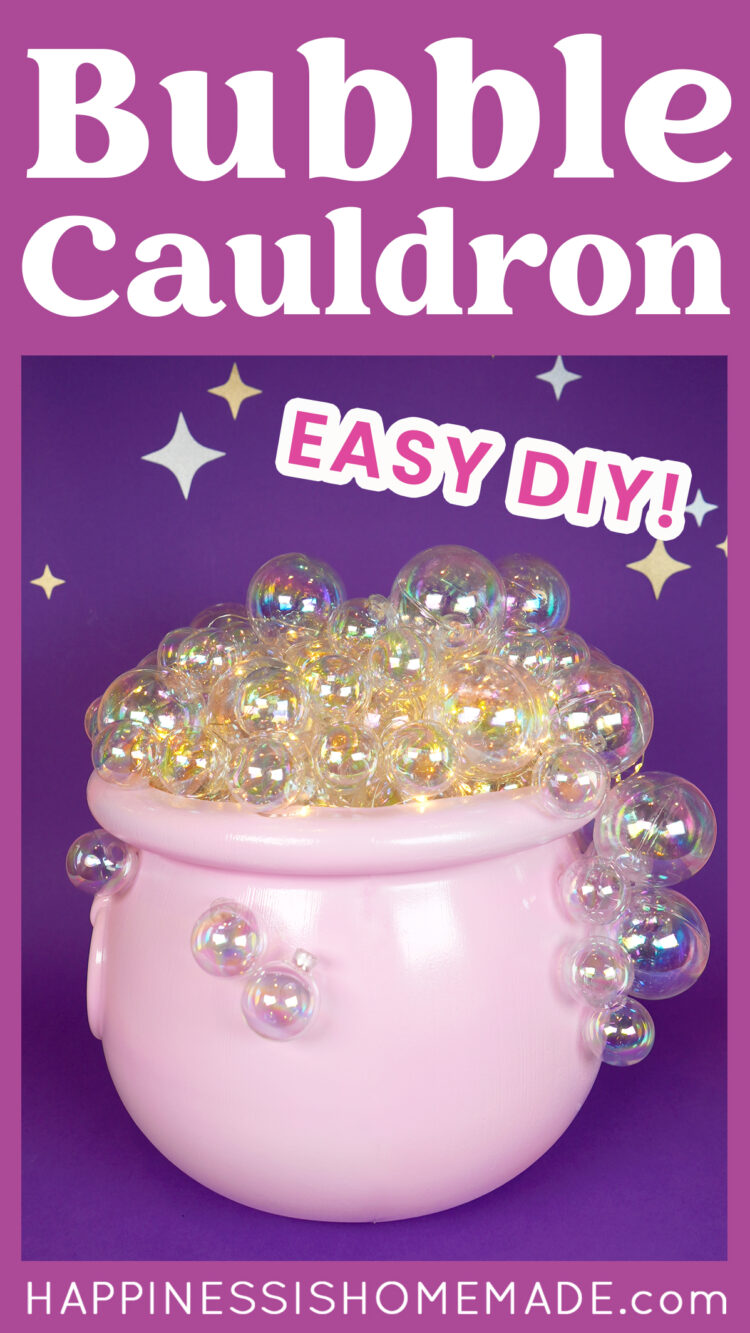 "Easy DIY Bubble Cauldron" graphic with white text on purple background and image of bubbling pink cauldron