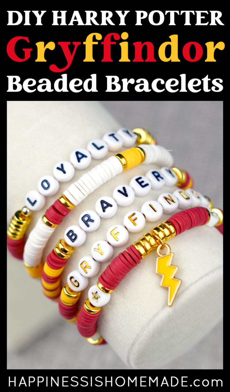 "DIY Harry Potter Gryffindor Beaded Bracelets" graphic with red and yellow text on black background and image of bracelets