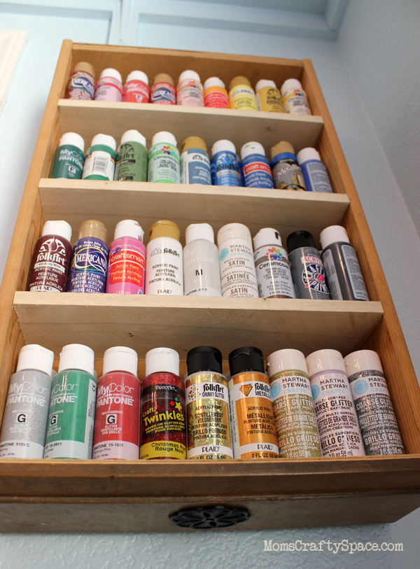 Repurposed: Drawer to Craft Paint Storage Shelf - Happiness is Homemade